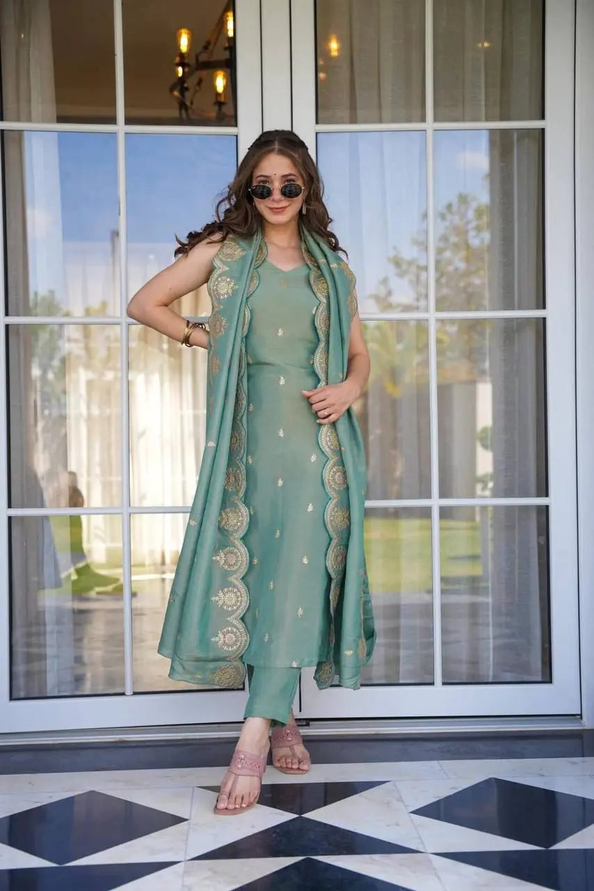 Floral Yoke Design Thread Work Round Neck Straight Kurta With Trousers & Dupatta NextBuy