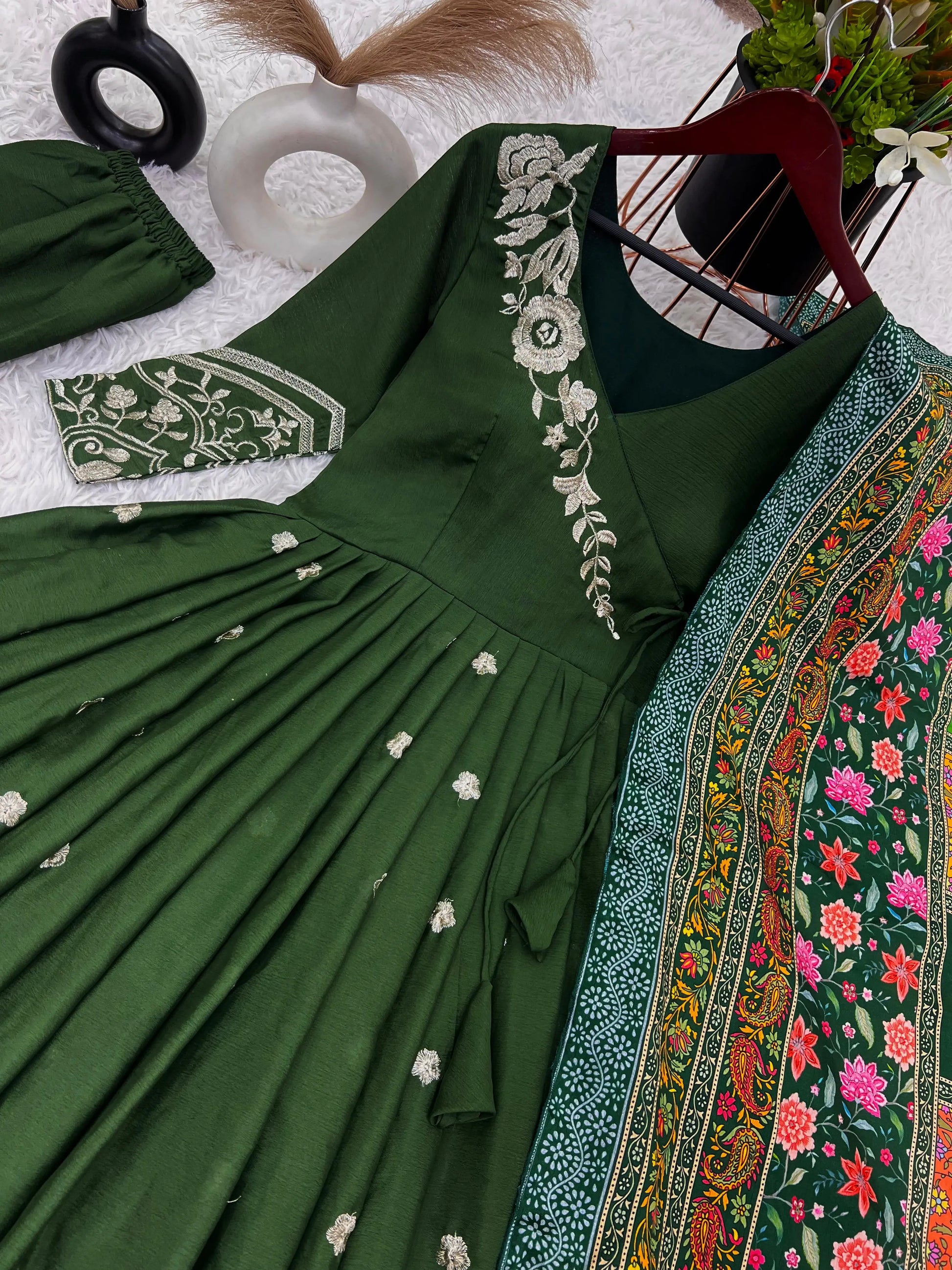 Designer Festival Collection In Pure Chinnon With Embroidery Sequence Work Gown And Dupatta Set NextBuy