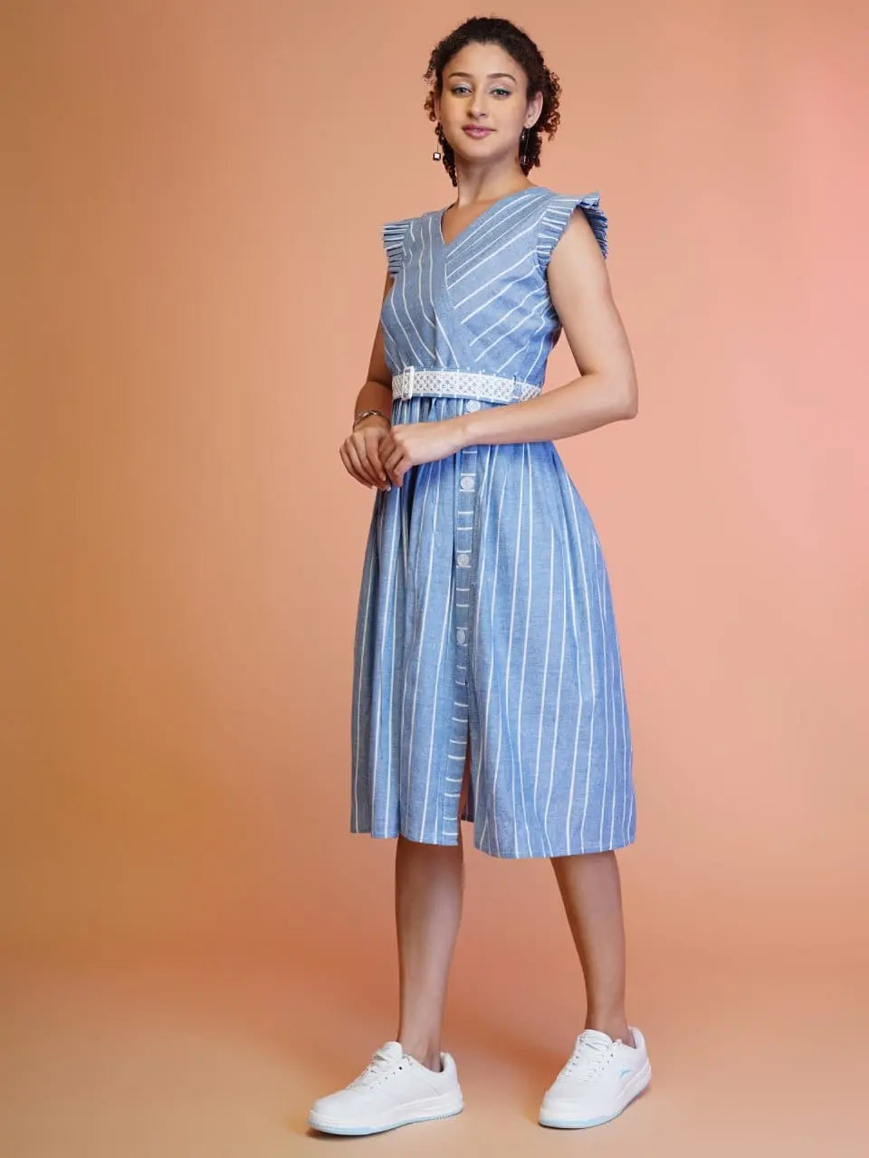 Cotton Striped Western Midi Dress With Embroidered Belt NextBuy