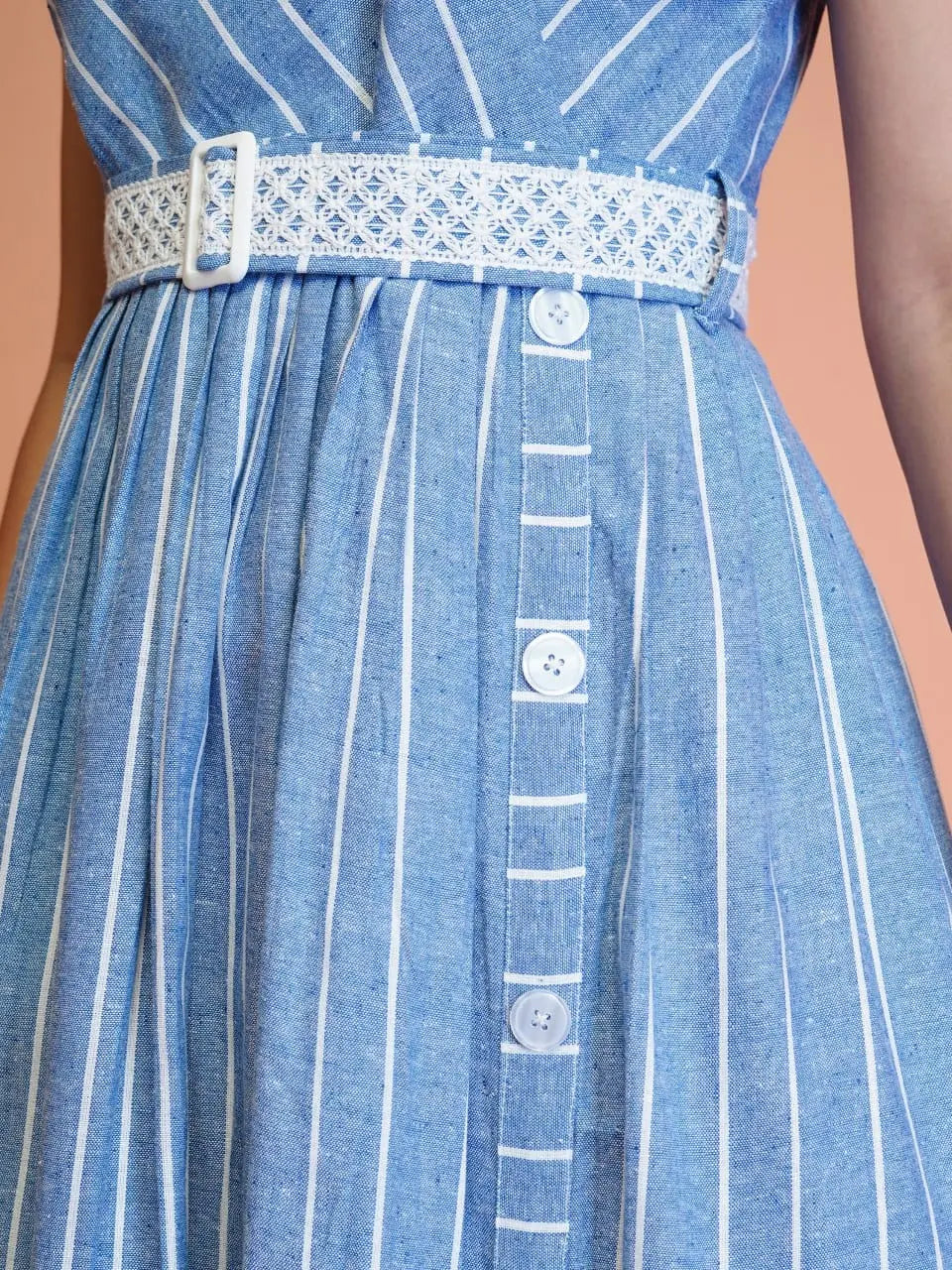 Cotton Striped Western Midi Dress With Embroidered Belt NextBuy