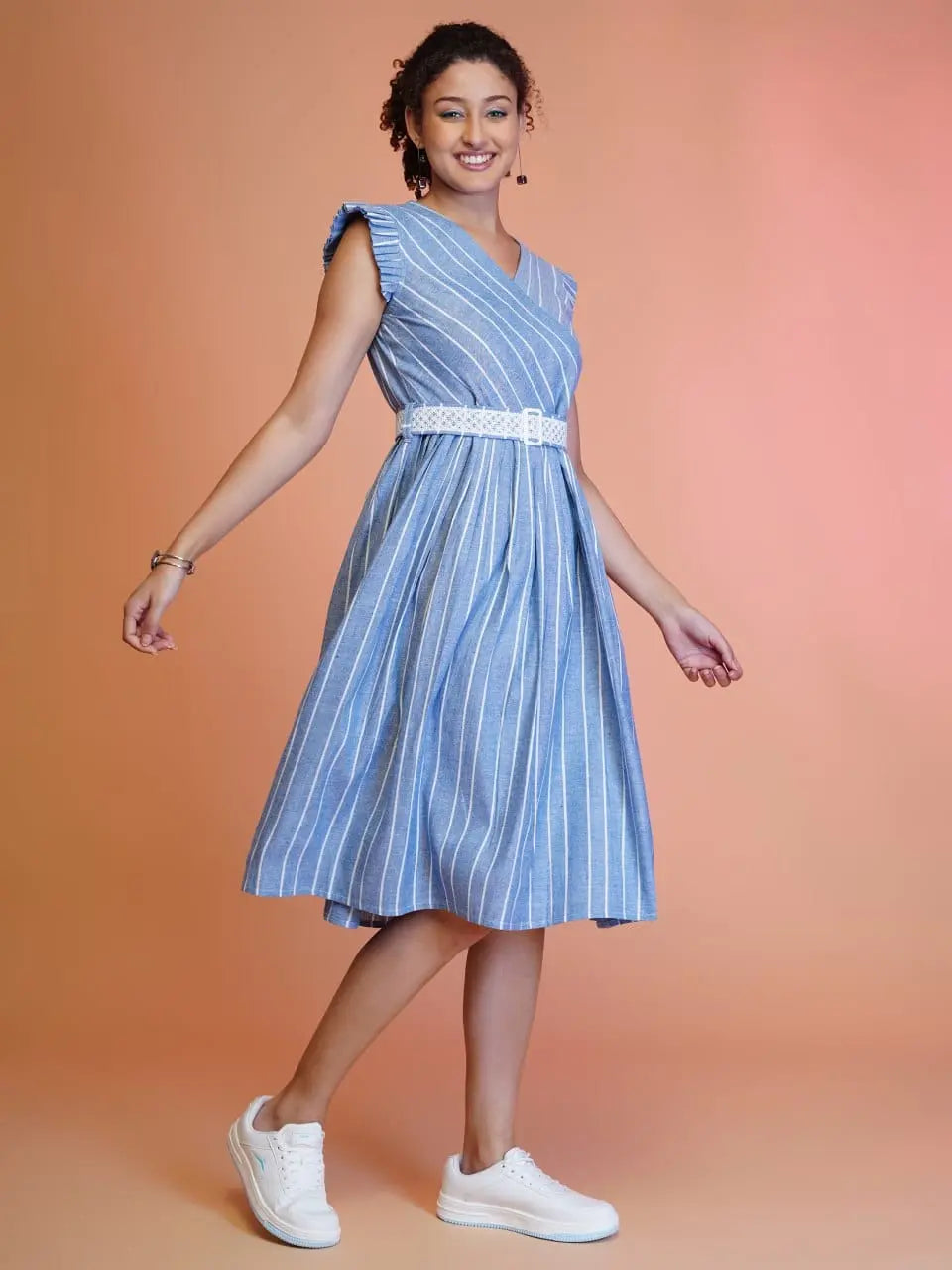 Cotton Striped Western Midi Dress With Embroidered Belt NextBuy