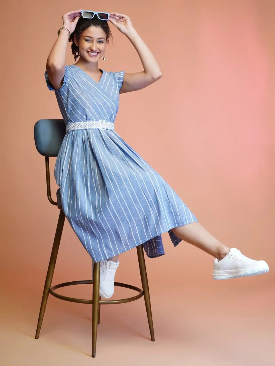 Cotton Striped Western Midi Dress With Embroidered Belt NextBuy