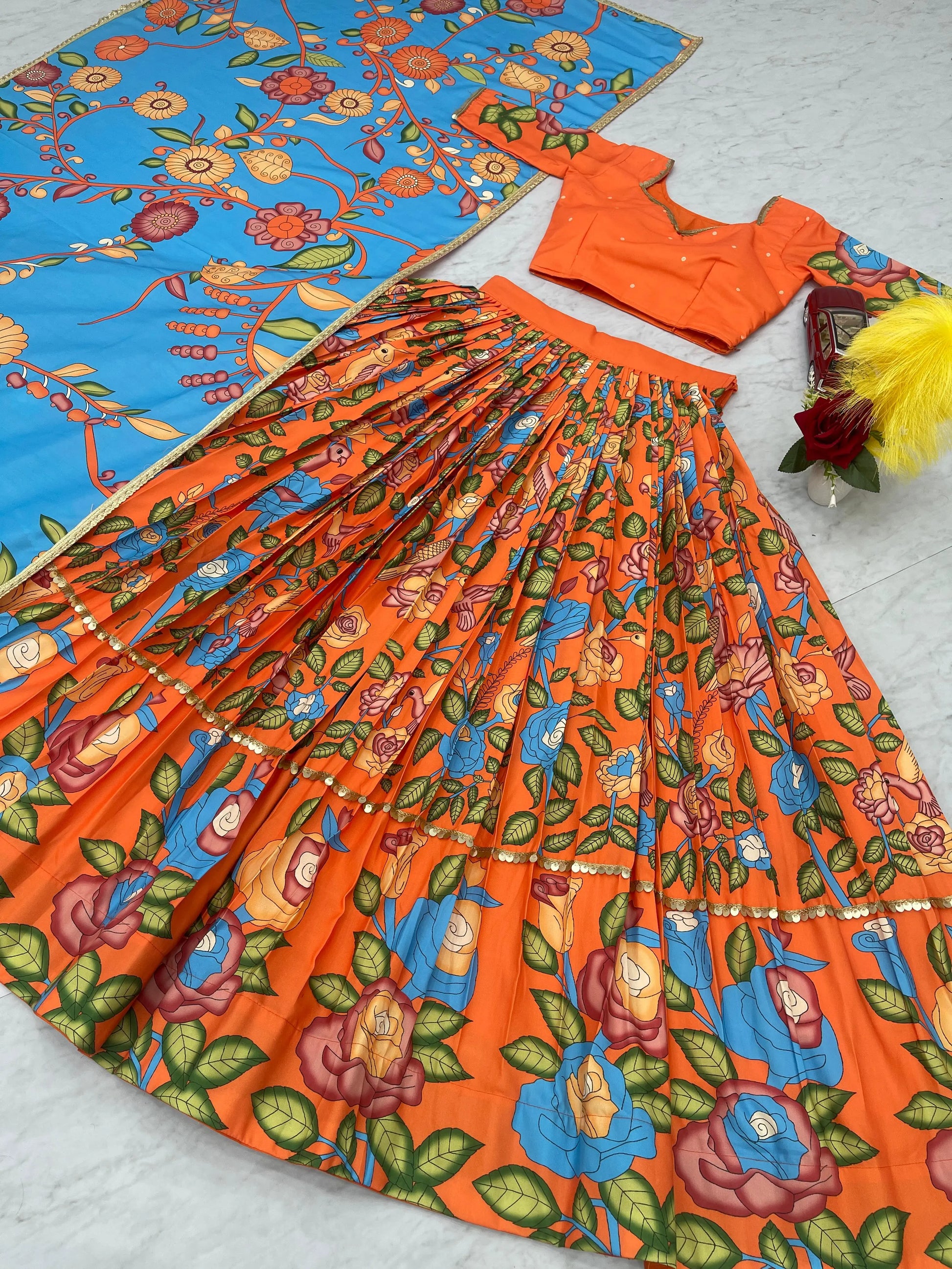 Beautiful Orange Colour Readymade Kalamkari Print Lehenga Choli Set NextBuy