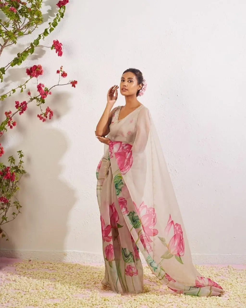 Havy Soft Organza Fabric With Beutiful Floral Prints With Beads And Katdana Handwork In Border Saree NextBuy