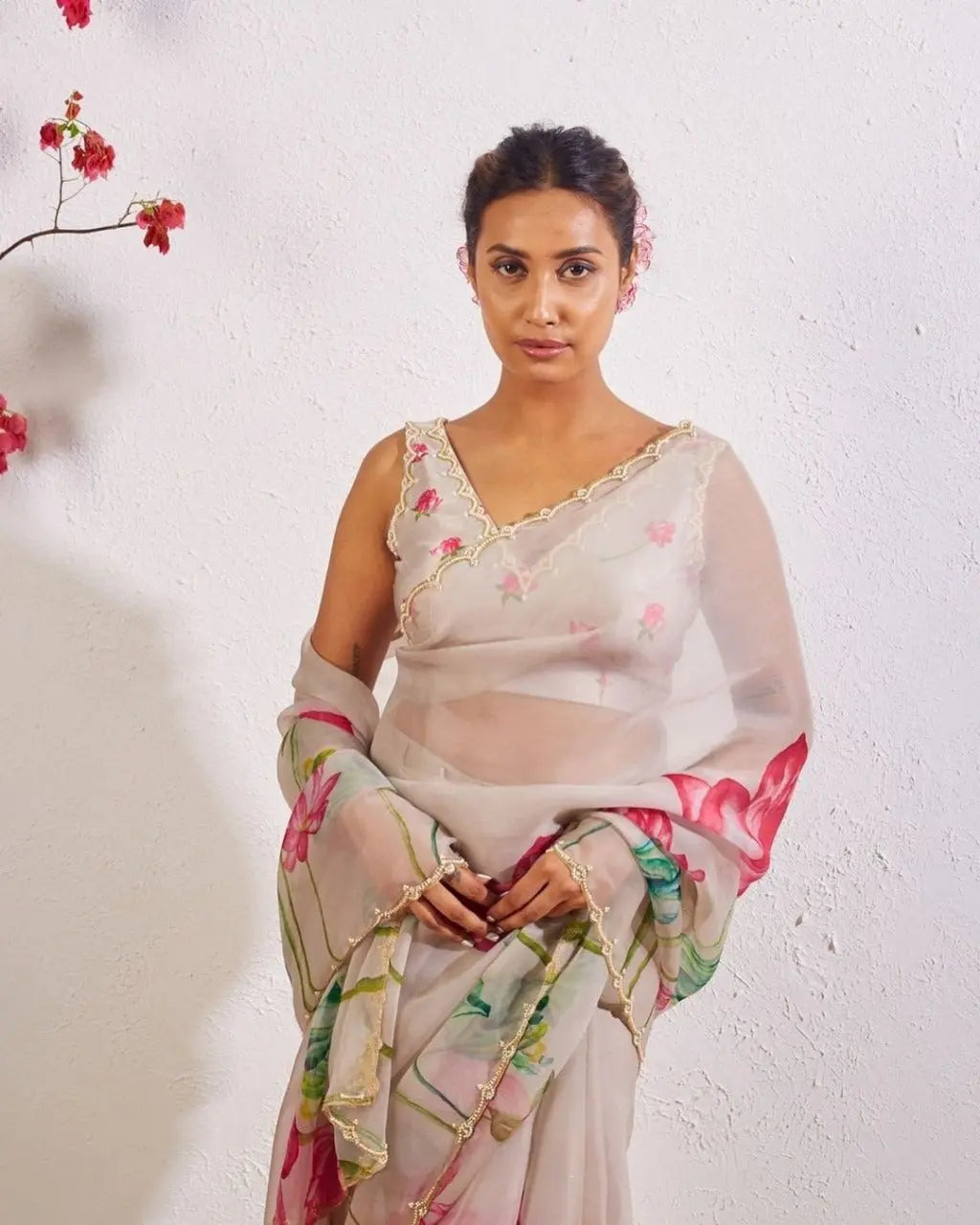 Havy Soft Organza Fabric With Beutiful Floral Prints With Beads And Katdana Handwork In Border Saree NextBuy