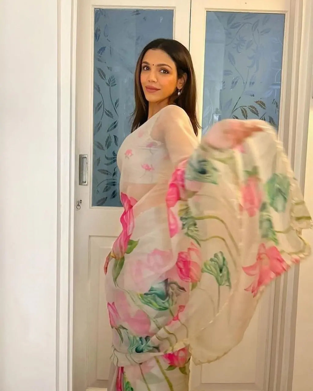 Havy Soft Organza Fabric With Beutiful Floral Prints With Beads And Katdana Handwork In Border Saree NextBuy
