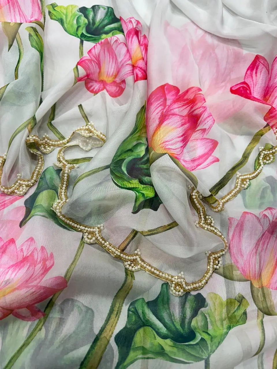 Havy Soft Organza Fabric With Beutiful Floral Prints With Beads And Katdana Handwork In Border Saree NextBuy