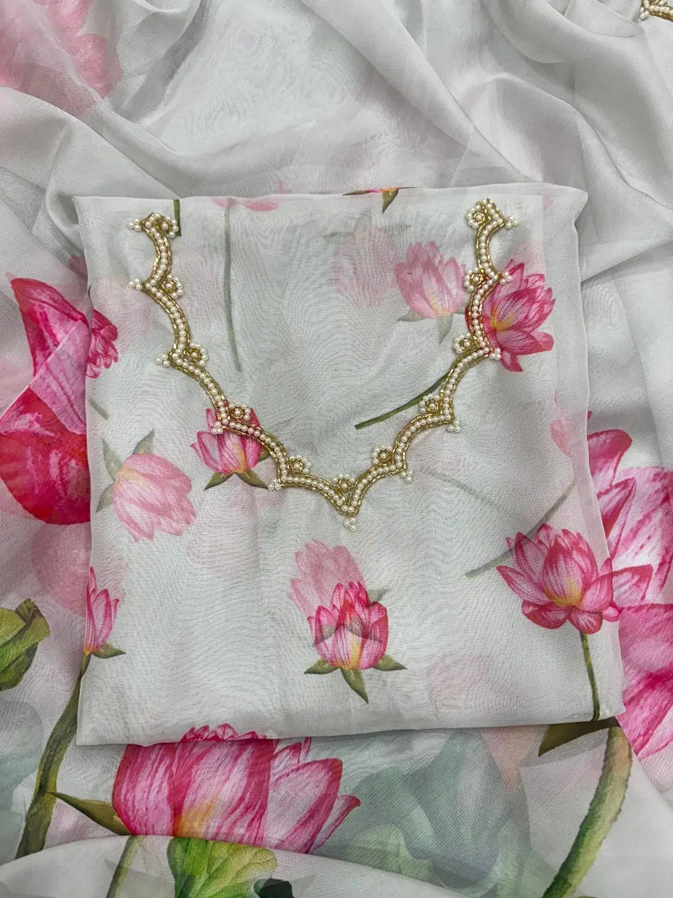 Havy Soft Organza Fabric With Beutiful Floral Prints With Beads And Katdana Handwork In Border Saree NextBuy