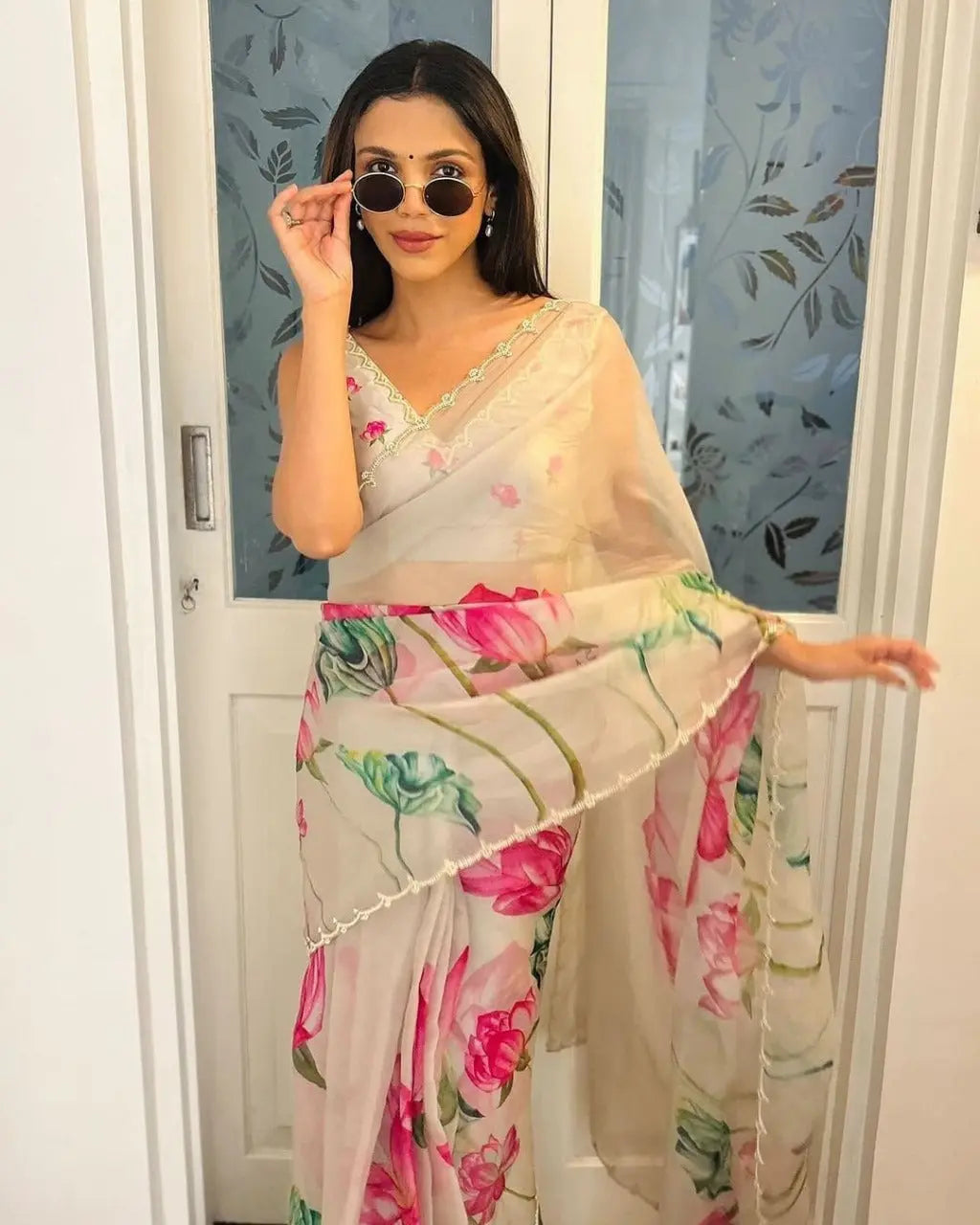 Havy Soft Organza Fabric With Beutiful Floral Prints With Beads And Katdana Handwork In Border Saree NextBuy