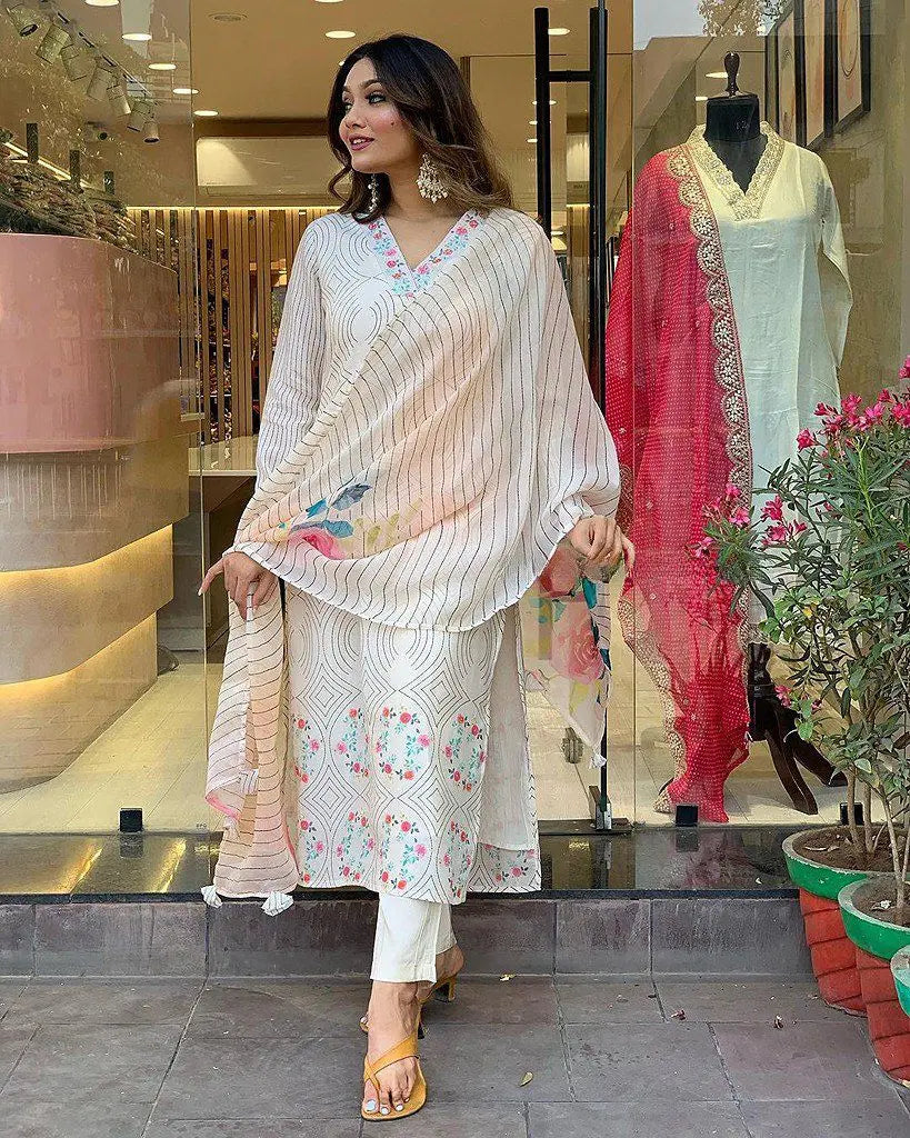 1. Floral Printed V-Neck Kurta & Trousers With Dupatta NextBuy