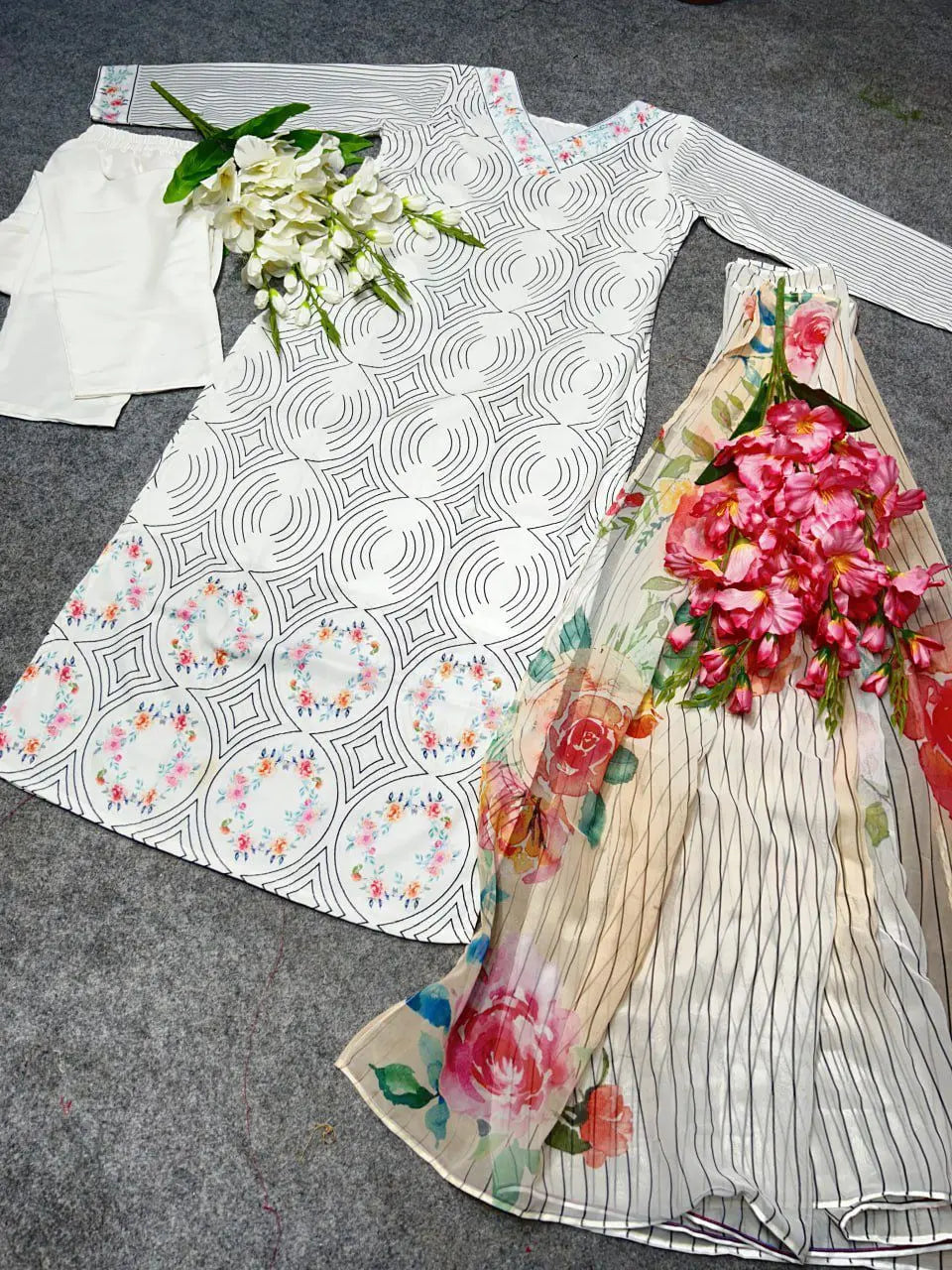1. Floral Printed V-Neck Kurta & Trousers With Dupatta NextBuy