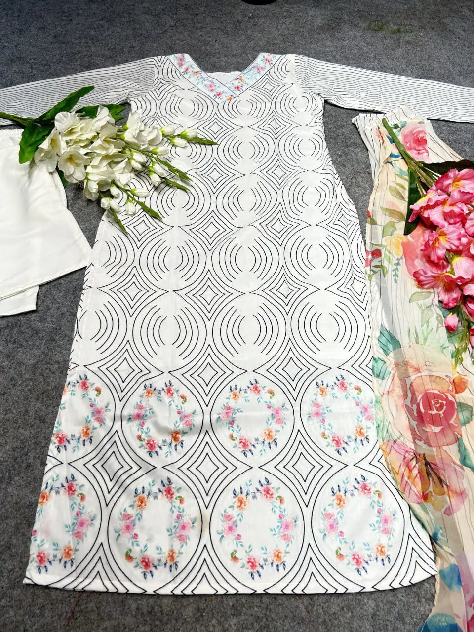 1. Floral Printed V-Neck Kurta & Trousers With Dupatta NextBuy