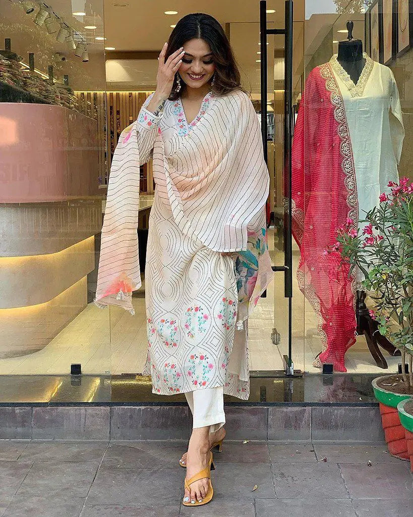 1. Floral Printed V-Neck Kurta & Trousers With Dupatta NextBuy
