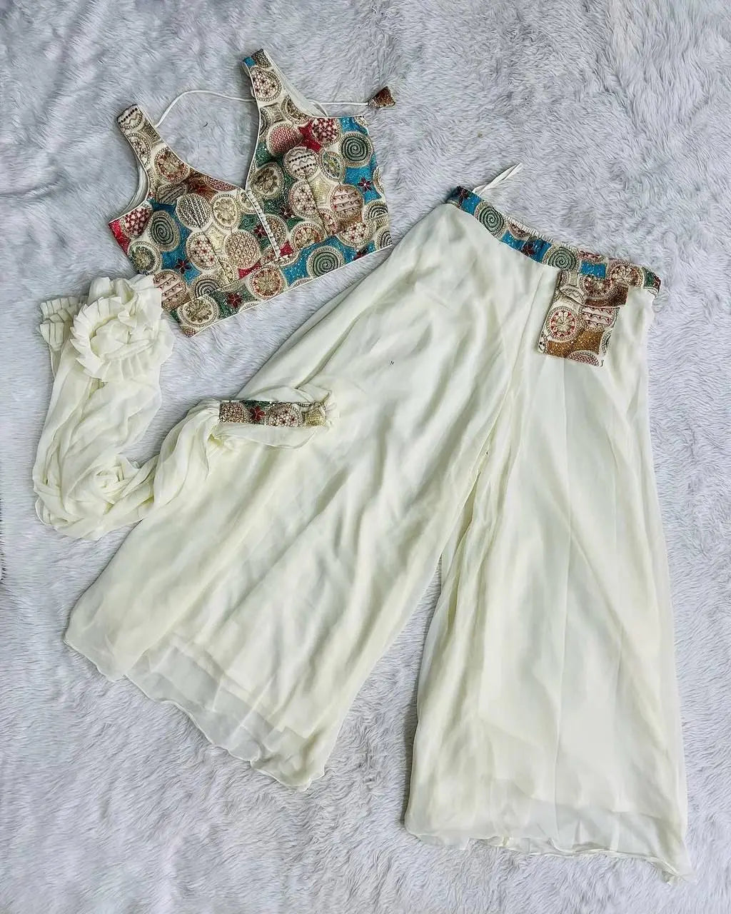 White Designer 3 Piece Western Dress With Sequence Work Top Palazzo and Dupatta NextBuy