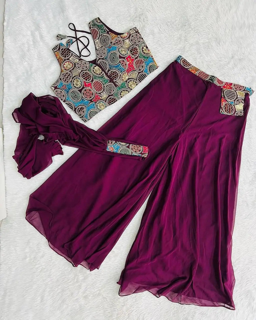 Purple Designer 3 Piece Western Dress With Sequence Work Top Palazzo and Dupatta NextBuy