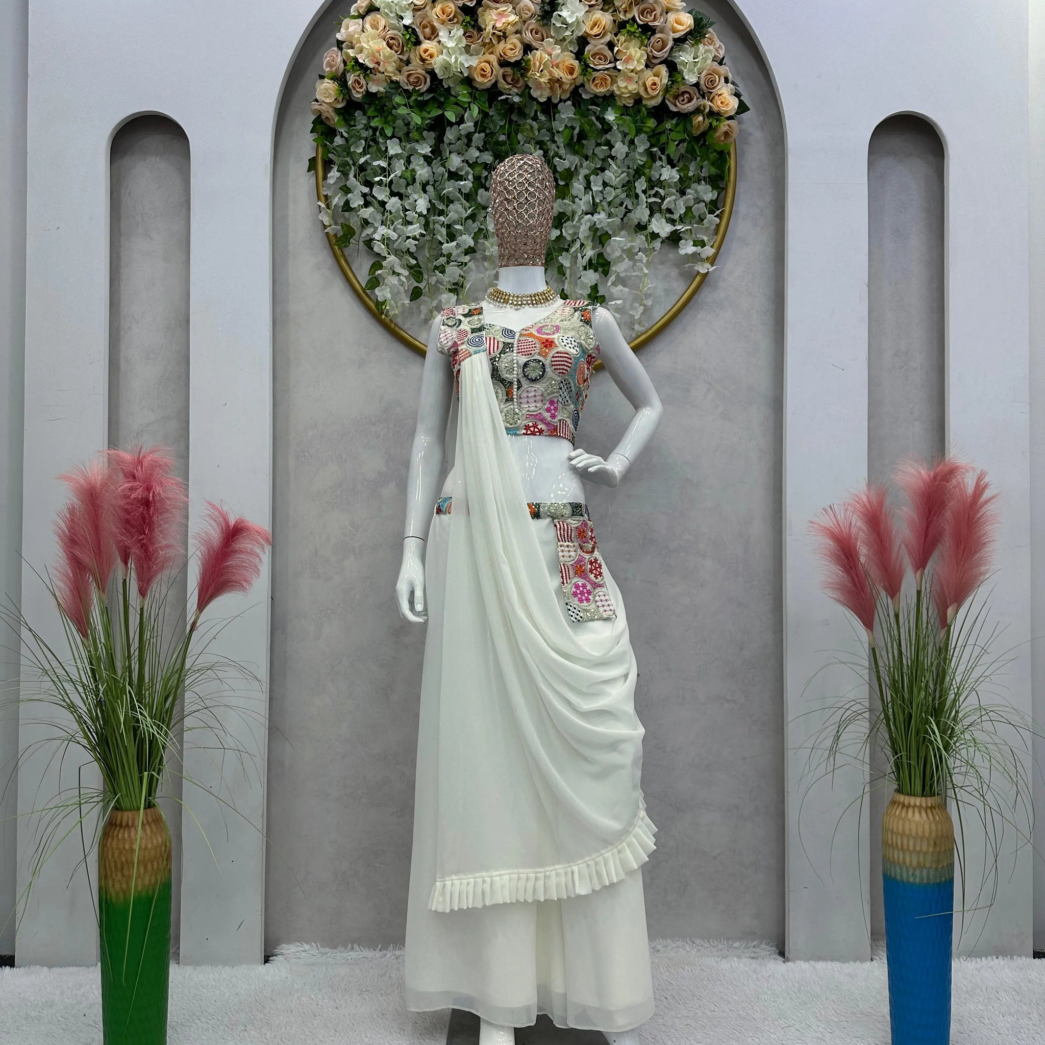 White Designer 3 Piece Western Dress With Sequence Work Top Palazzo and Dupatta NextBuy