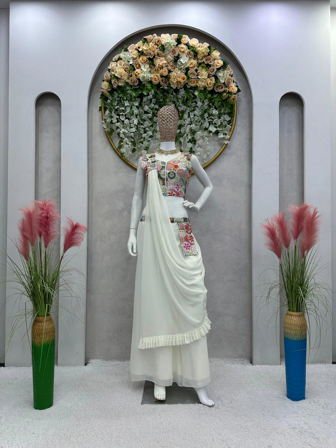 White Designer 3 Piece Western Dress With Sequence Work Top Palazzo and Dupatta NextBuy