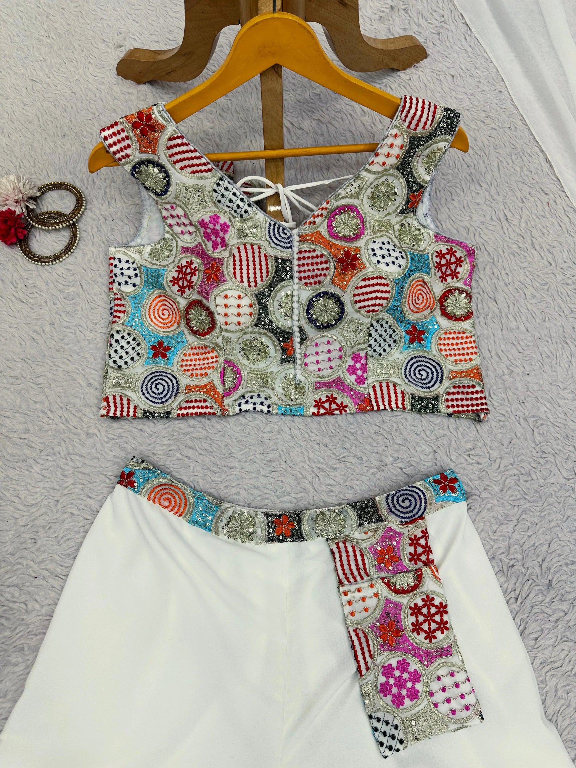 White Designer 3 Piece Western Dress With Sequence Work Top Palazzo and Dupatta NextBuy