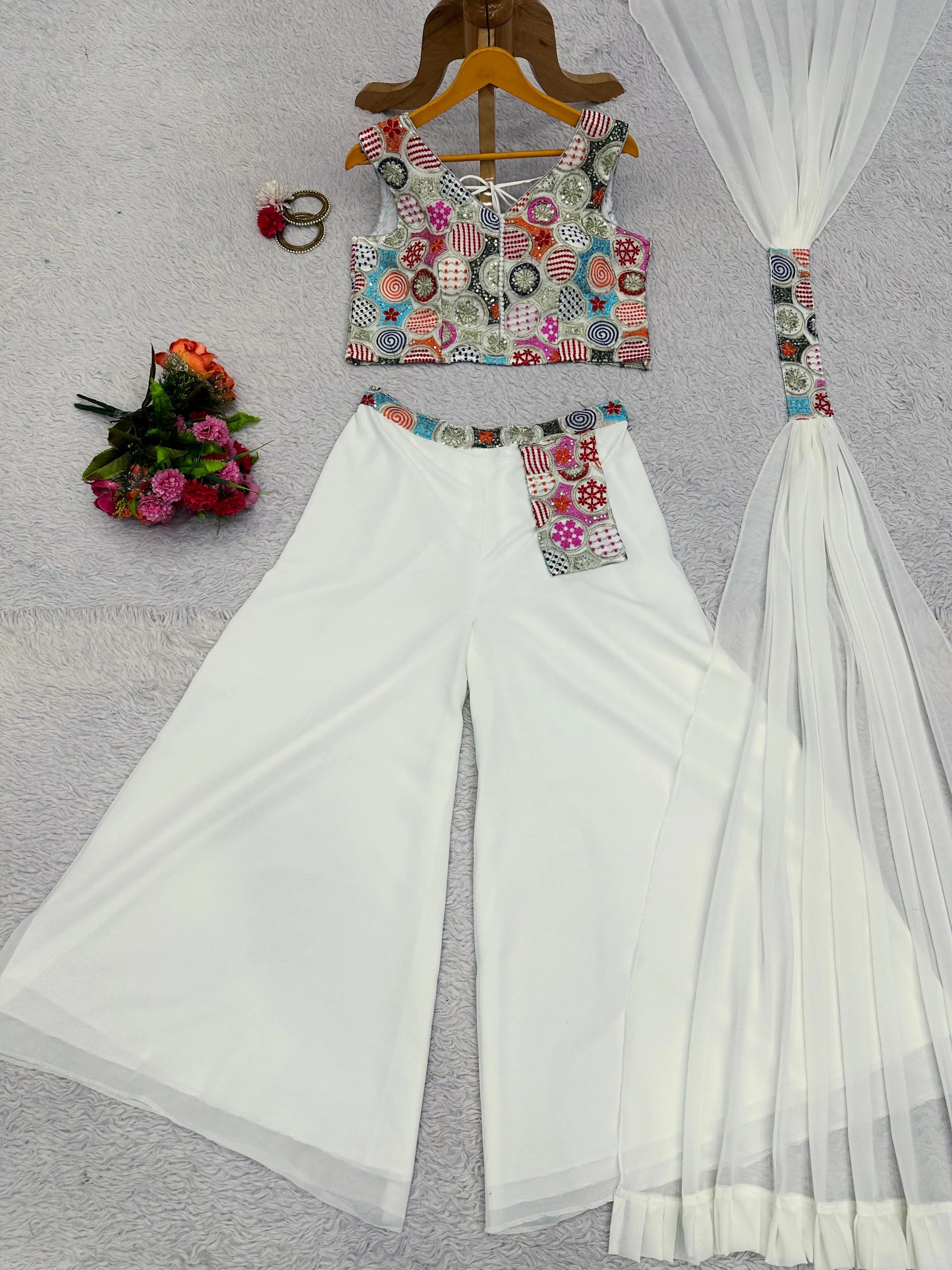 White Designer 3 Piece Western Dress With Sequence Work Top Palazzo and Dupatta NextBuy