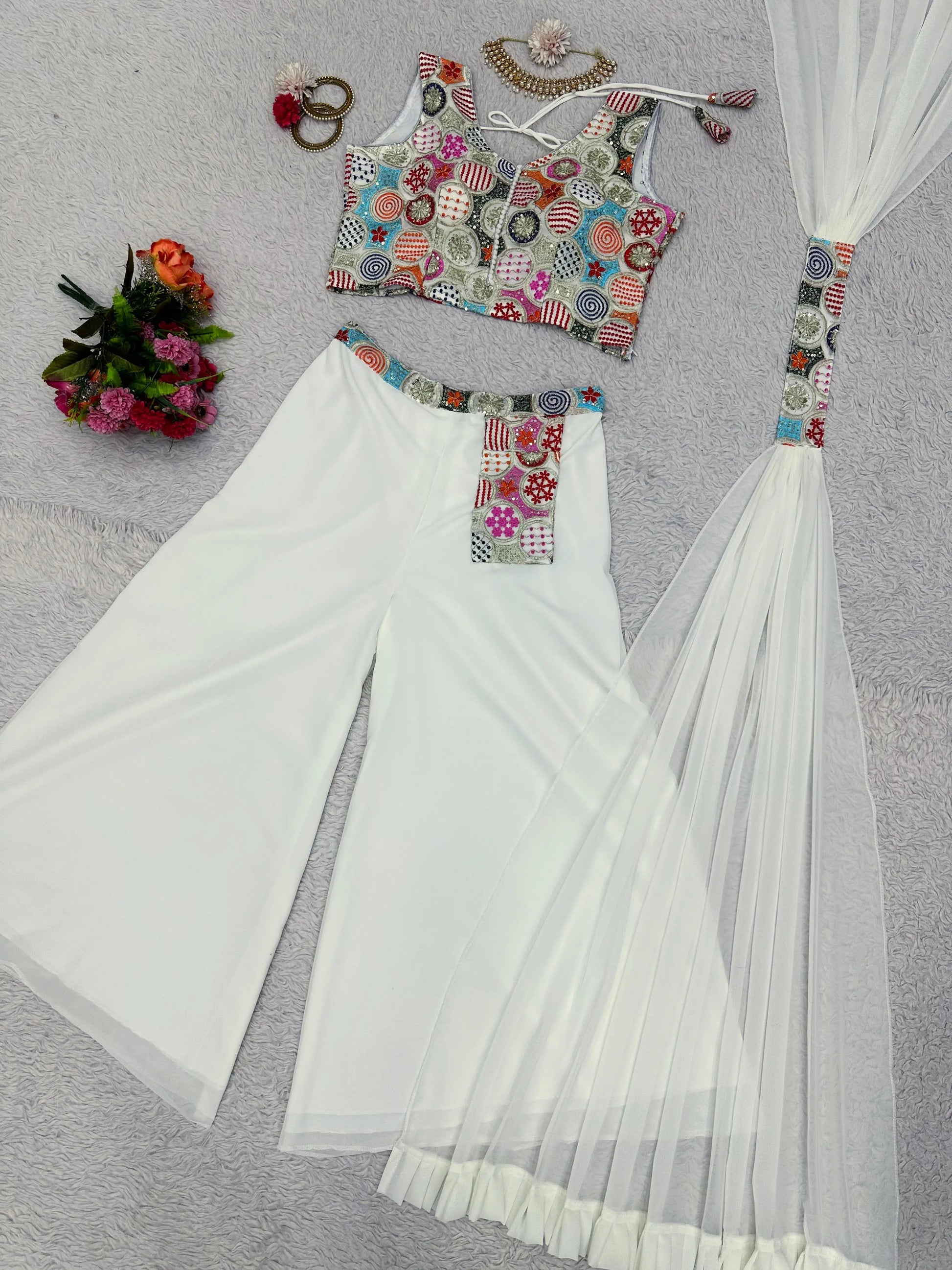 White Designer 3 Piece Western Dress With Sequence Work Top Palazzo and Dupatta NextBuy