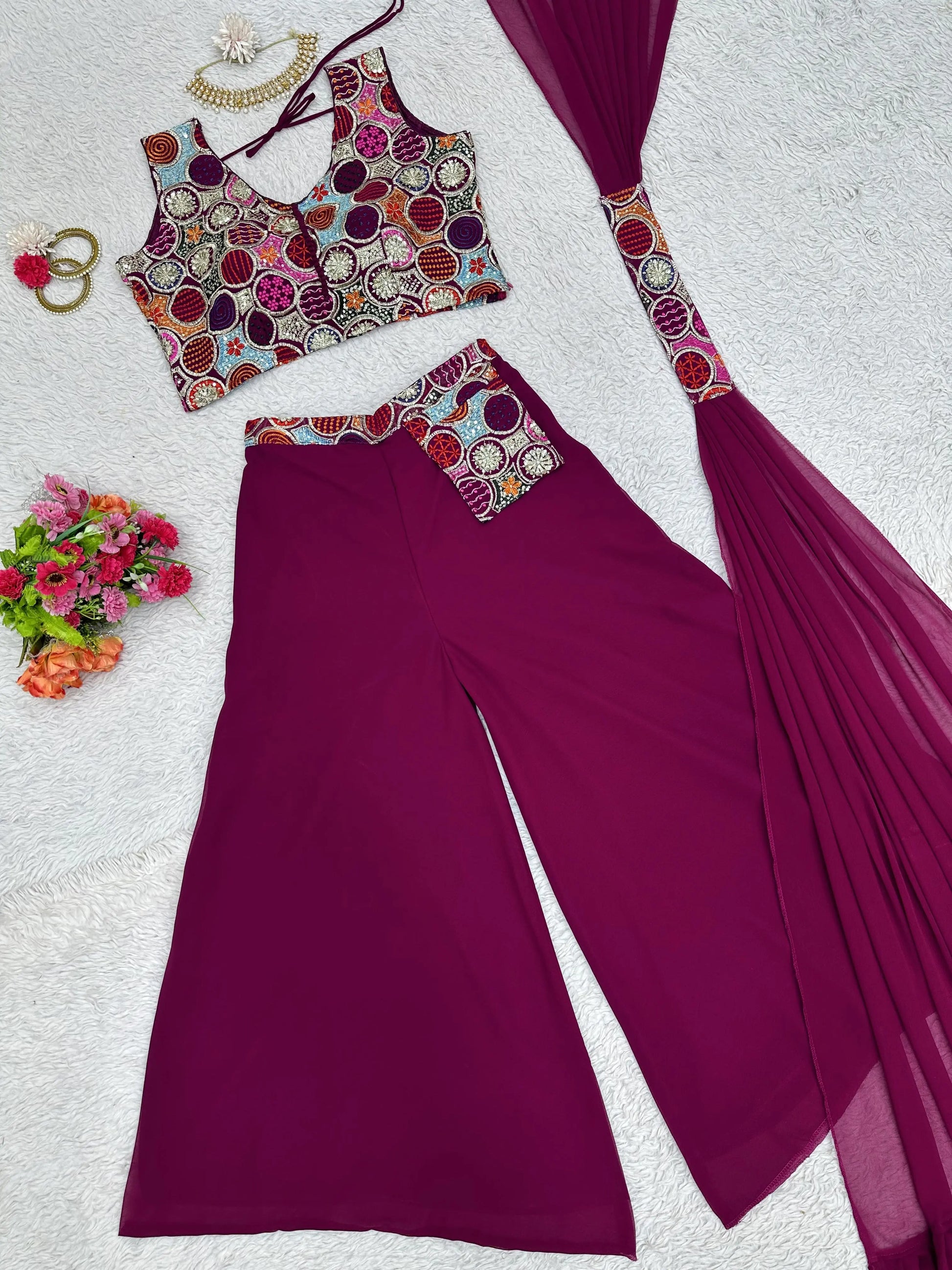 Purple Designer 3 Piece Western Dress With Sequence Work Top Palazzo and Dupatta NextBuy