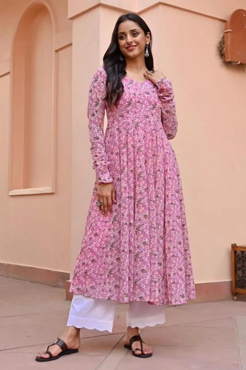 Women Pink Georgette Long Kurti NextBuy