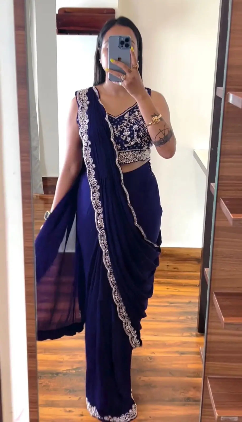 Super Trending Embroidery cording work ready to wear Saree with Embroidery Blouse NextBuy