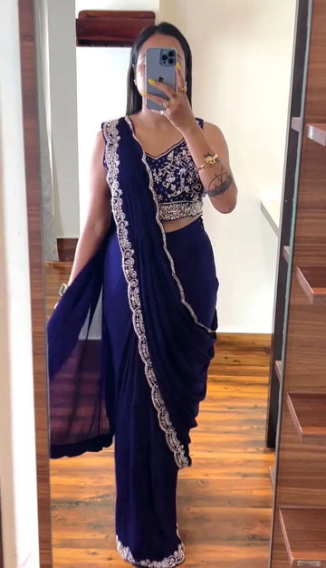 Super Trending Embroidery cording work ready to wear Saree with Embroidery Blouse NextBuy