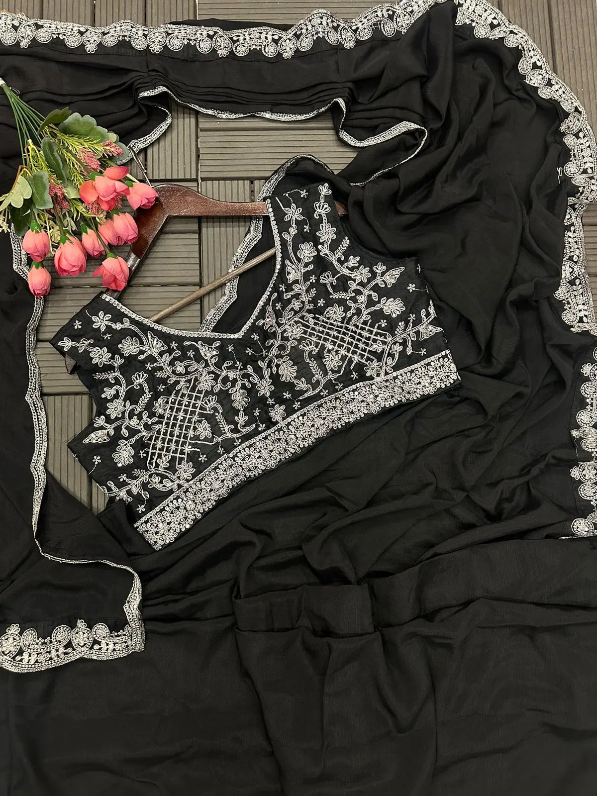 Super Trending Embroidery cording work ready to wear Saree with Embroidery Blouse NextBuy