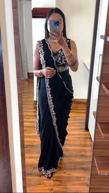 Super Trending Embroidery cording work ready to wear Saree with Embroidery Blouse NextBuy