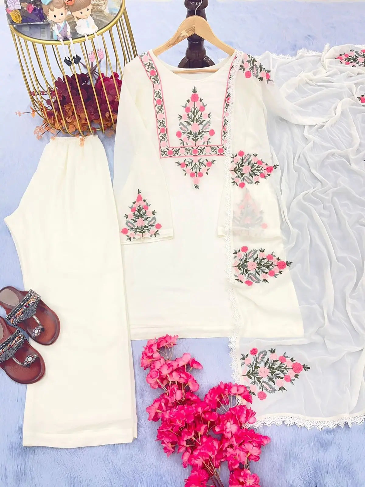 White Embroidery Work Readymade Palazzo Suit NextBuy