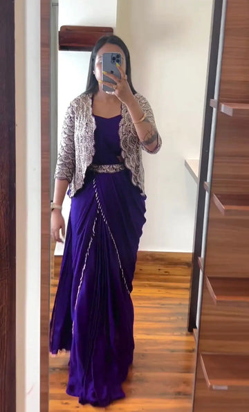 New Super Trending Embroidery Cording Work Ready To Wear Saree With Full Koti NextBuy