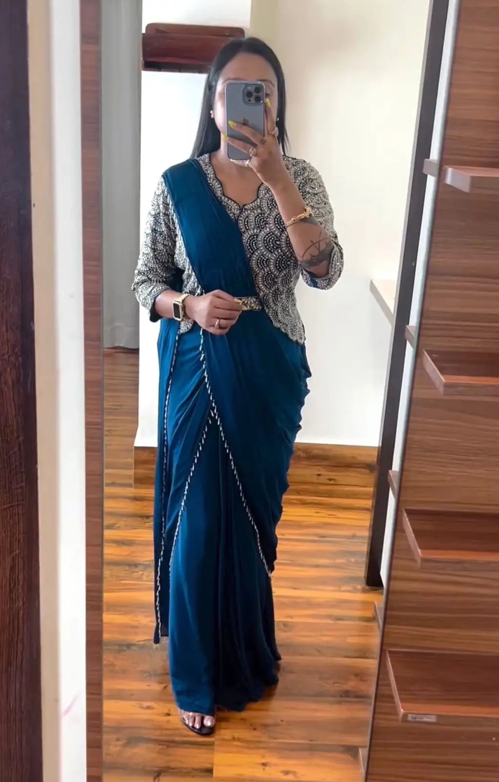 New Super Trending Embroidery Cording Work Ready To Wear Saree With Full Koti NextBuy