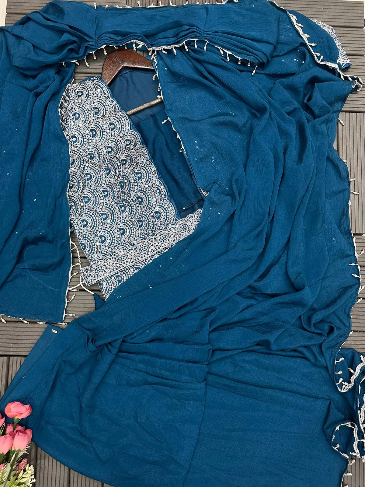 New Super Trending Embroidery Cording Work Ready To Wear Saree With Full Koti NextBuy