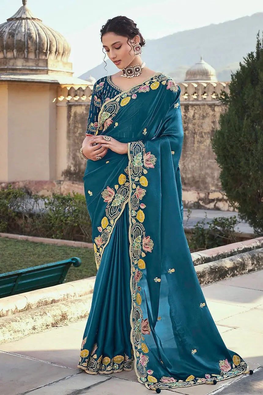 Wedding Wear Stone Embroidered Prussian Blue Saree in Organza NextBuy