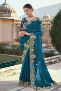 Wedding Wear Stone Embroidered Prussian Blue Saree in Organza NextBuy