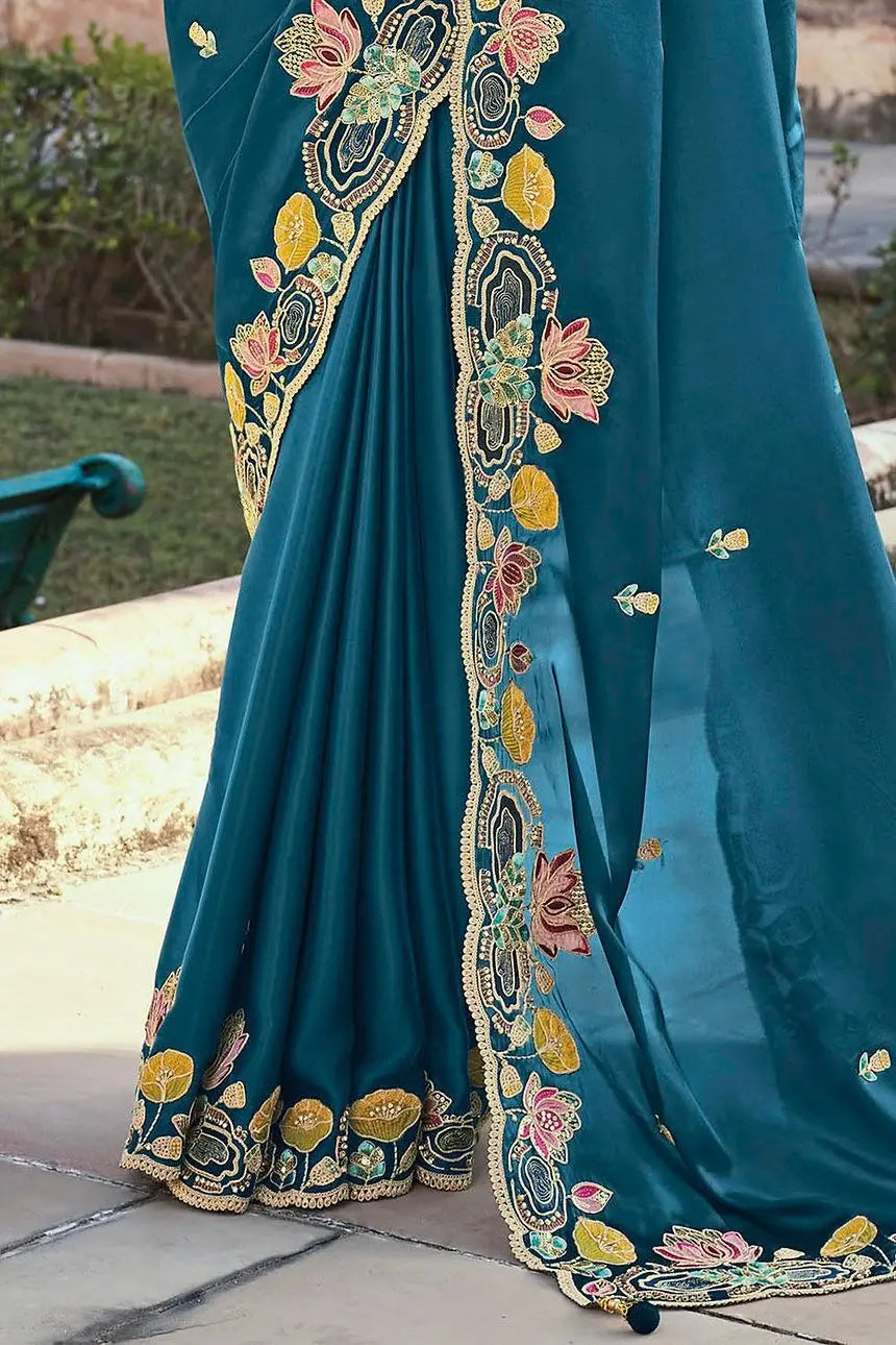 Wedding Wear Stone Embroidered Prussian Blue Saree in Organza NextBuy