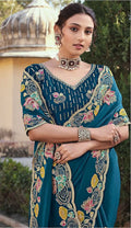 Wedding Wear Stone Embroidered Prussian Blue Saree in Organza NextBuy