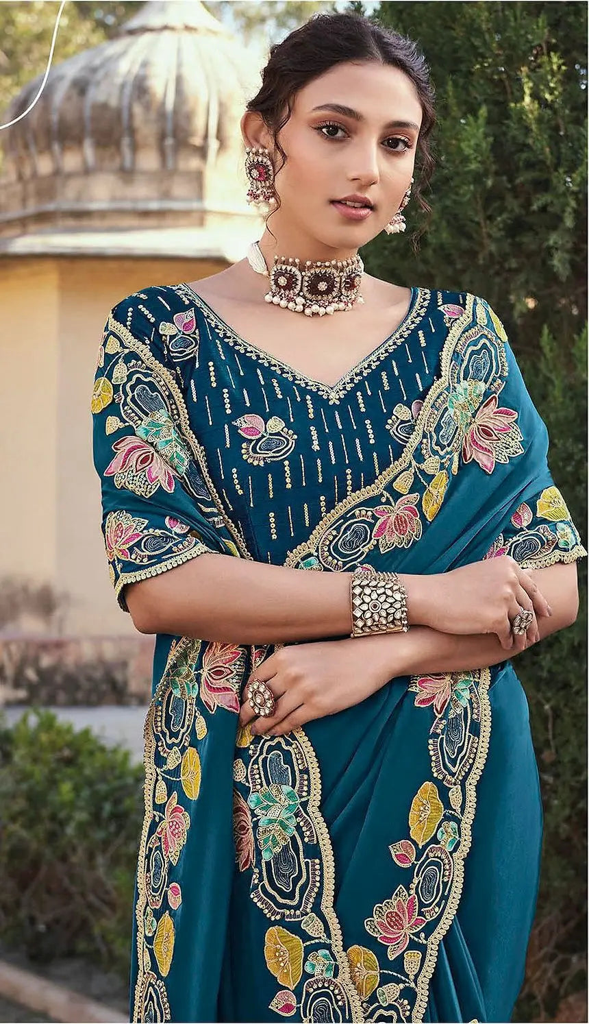 Wedding Wear Stone Embroidered Prussian Blue Saree in Organza NextBuy
