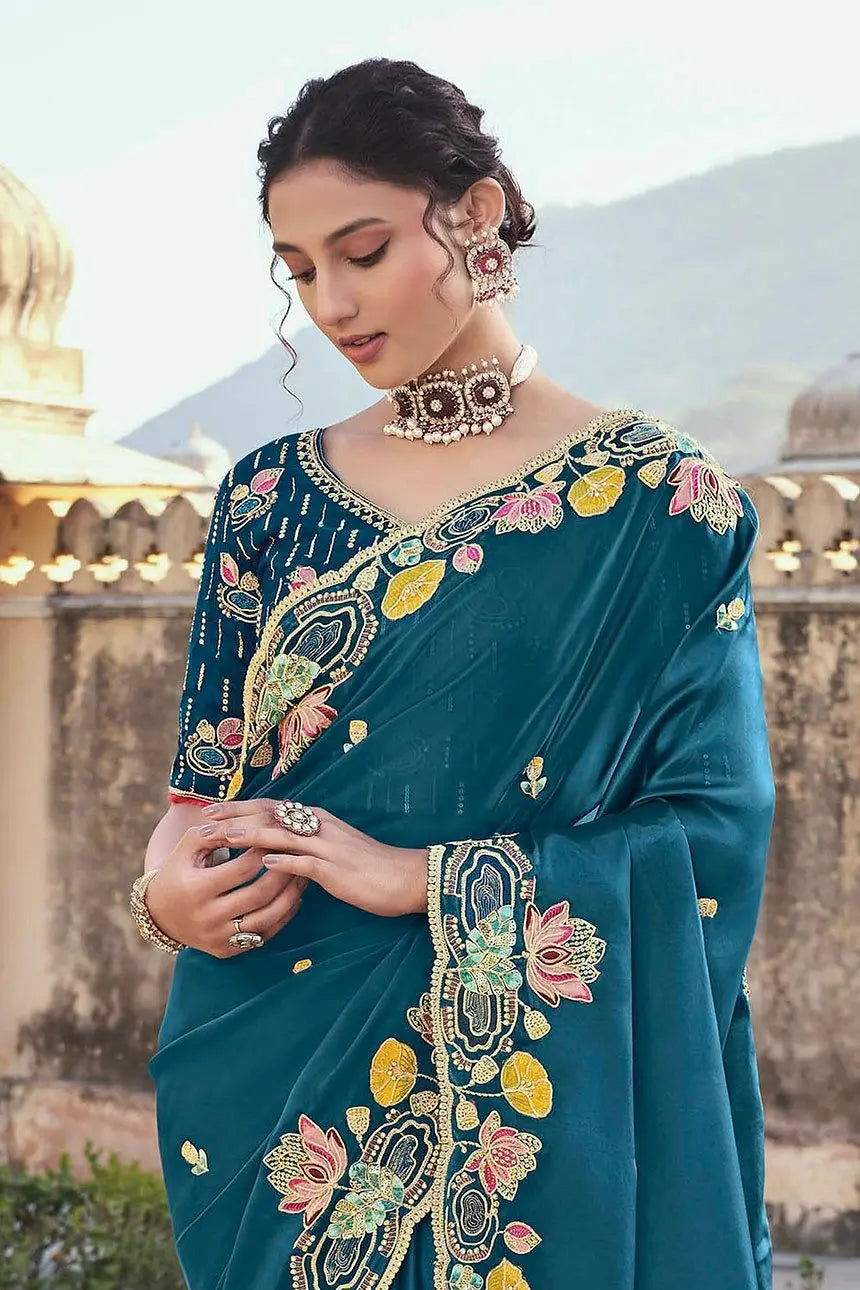 Wedding Wear Stone Embroidered Prussian Blue Saree in Organza NextBuy