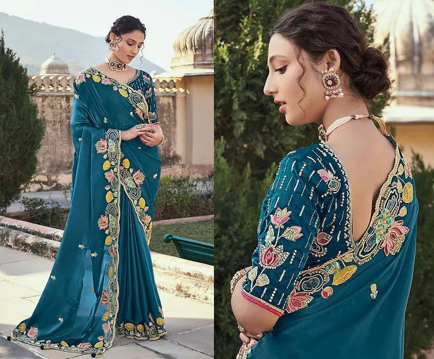 Wedding Wear Stone Embroidered Prussian Blue Saree in Organza NextBuy