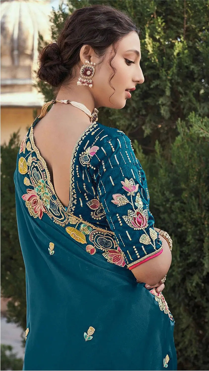 Wedding Wear Stone Embroidered Prussian Blue Saree in Organza NextBuy