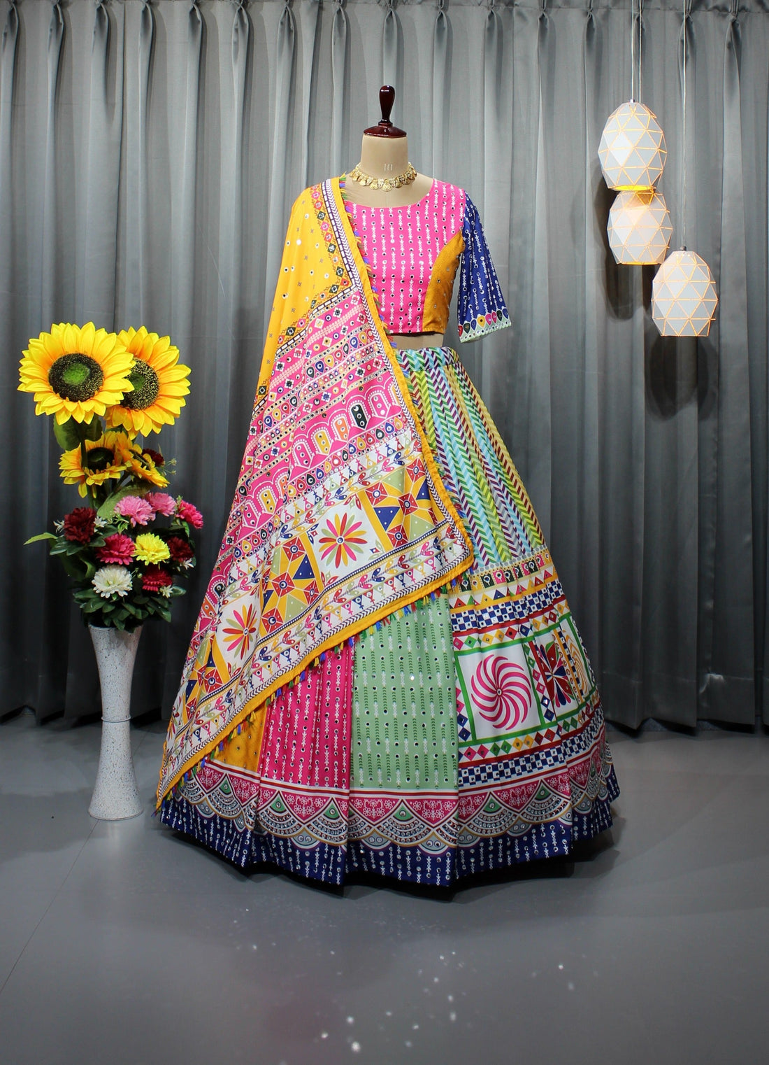 Elegant Soft Butter Silk Lehenga – Digital Print & Mirror Work NextBuy