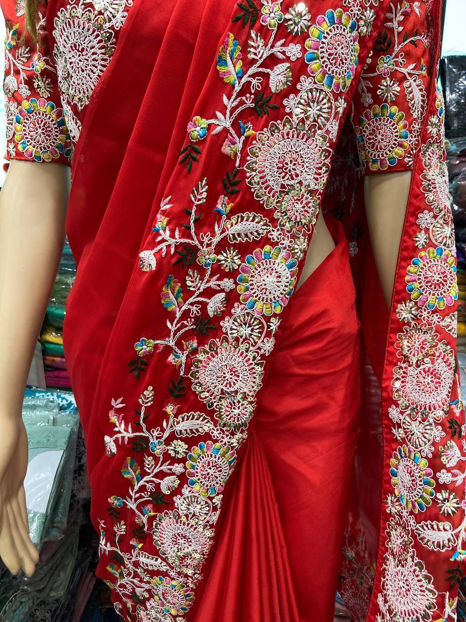 Elegant Soft Rangoli Silk Saree – Heavy Embroidery & Cutwork Border | Wedding & Party Wear NextBuy
