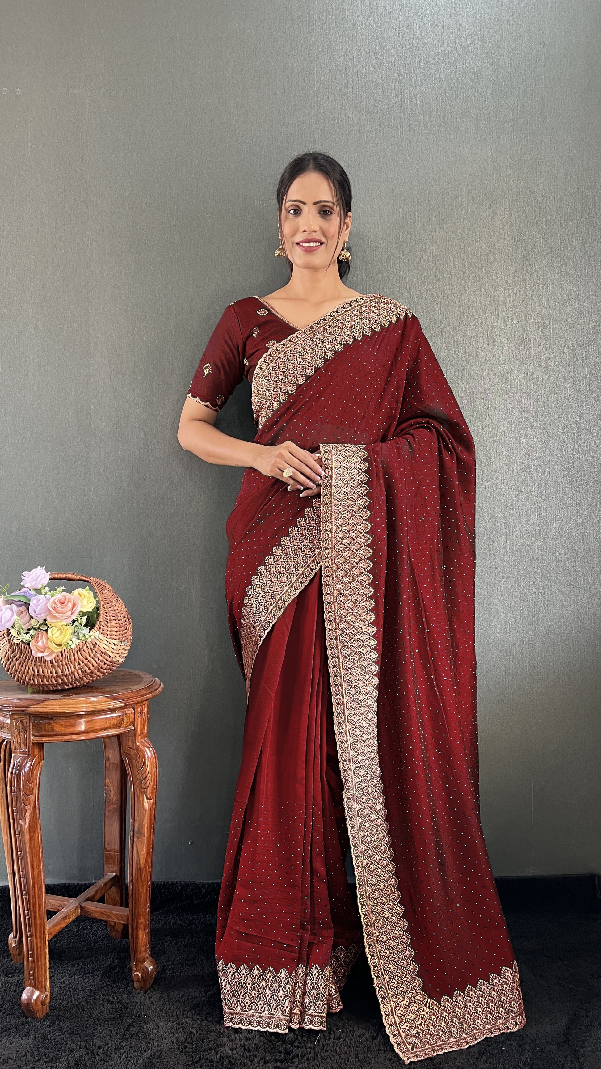 Elegant Zari & Swarovski Work Saree – Premium Vichitra Silk NextBuy