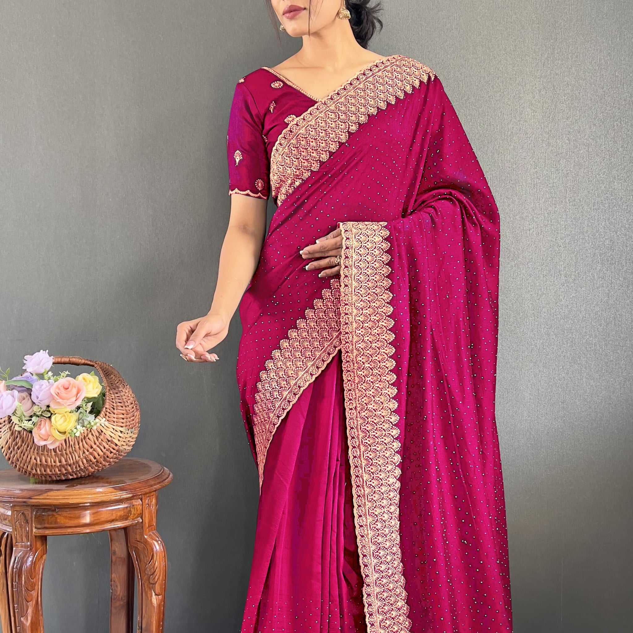 Elegant Zari & Swarovski Work Saree – Premium Vichitra Silk NextBuy