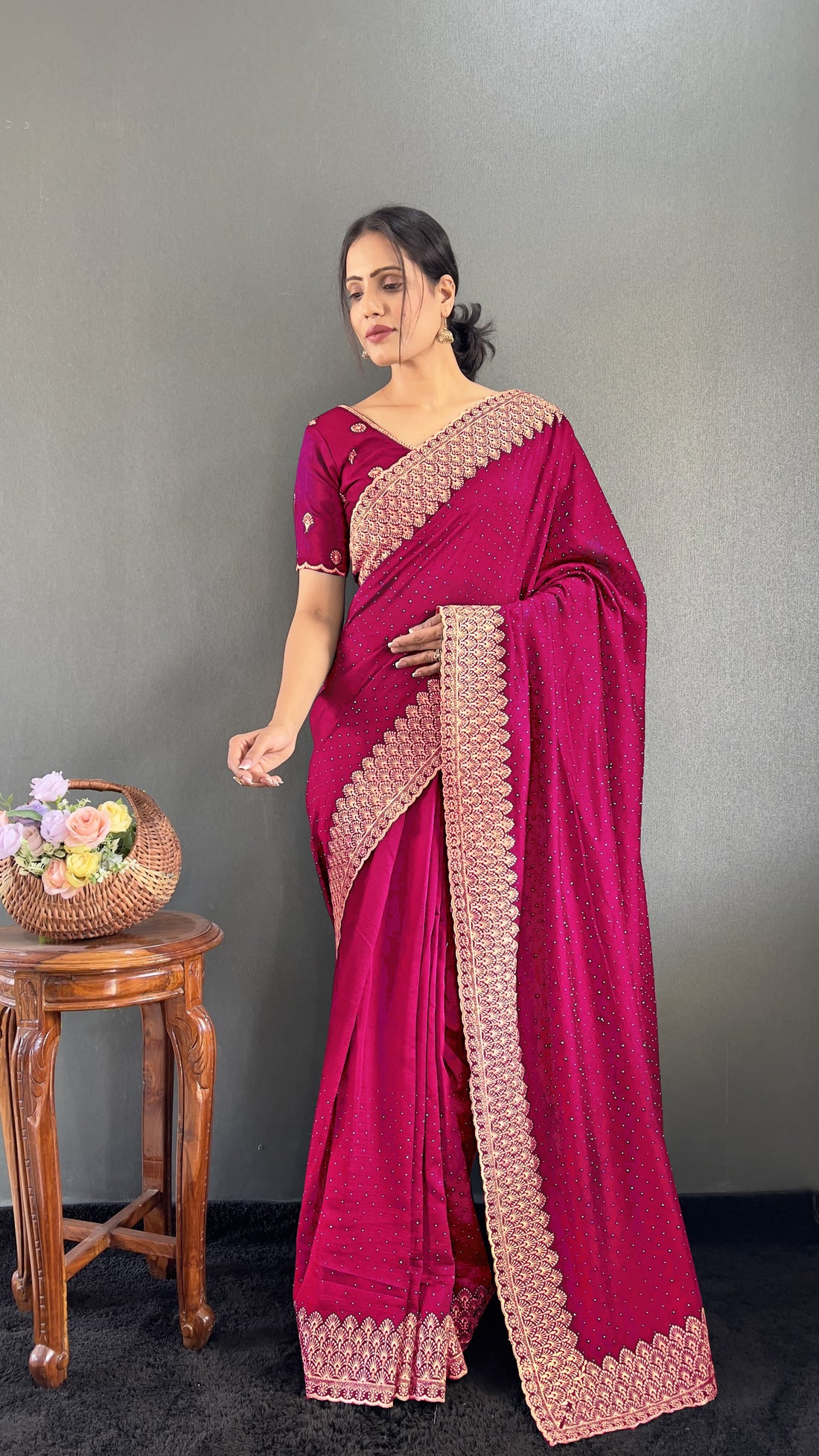 Elegant Zari & Swarovski Work Saree – Premium Vichitra Silk NextBuy
