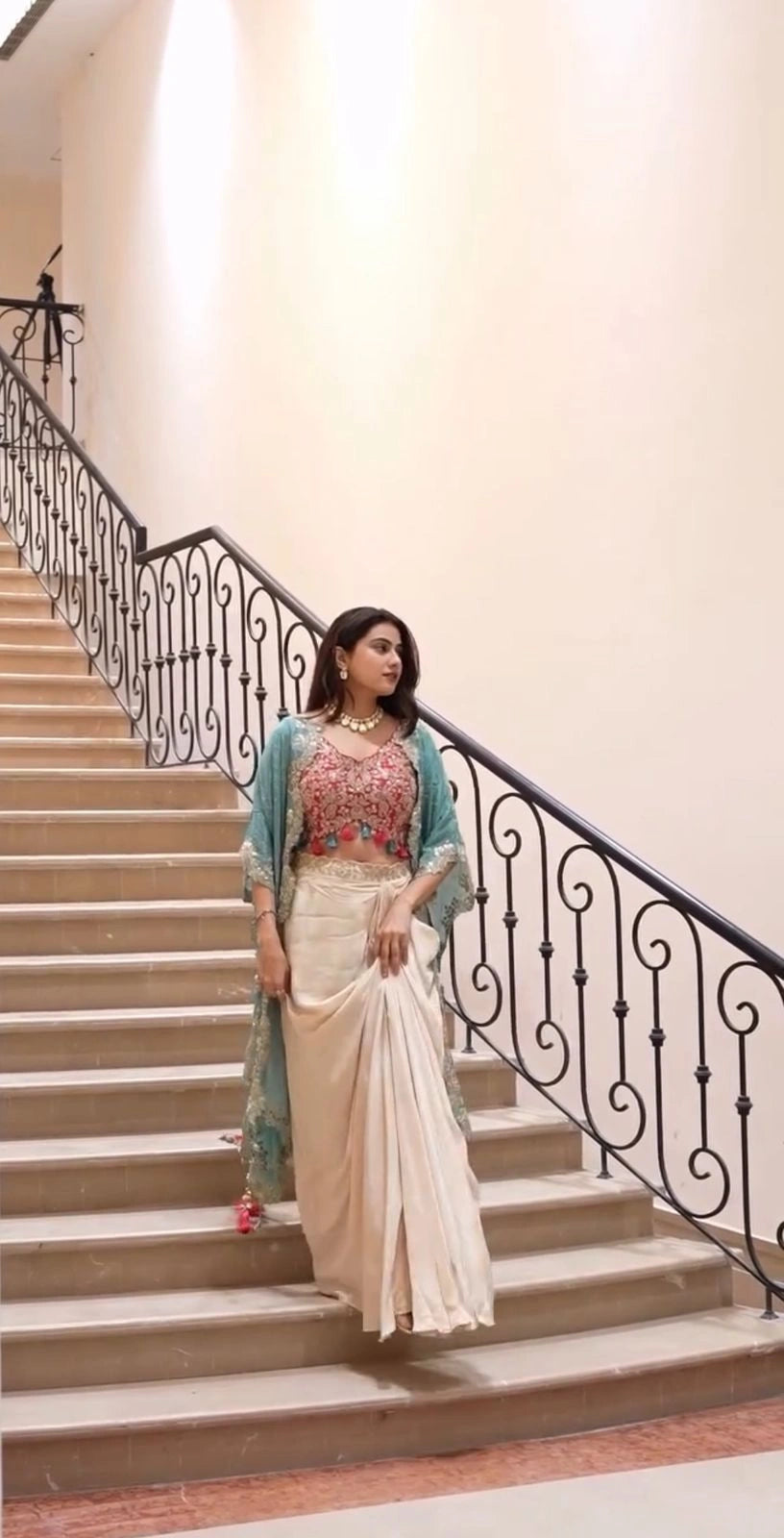 Three-Piece Western Outfit for Wedding Season – Tube Blouse, Draped Skirt, and Shrug - NextBuy
