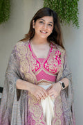 Indo-Western Draped Saree Set with Embroidered Blouse and Digital Bandhani Shrug