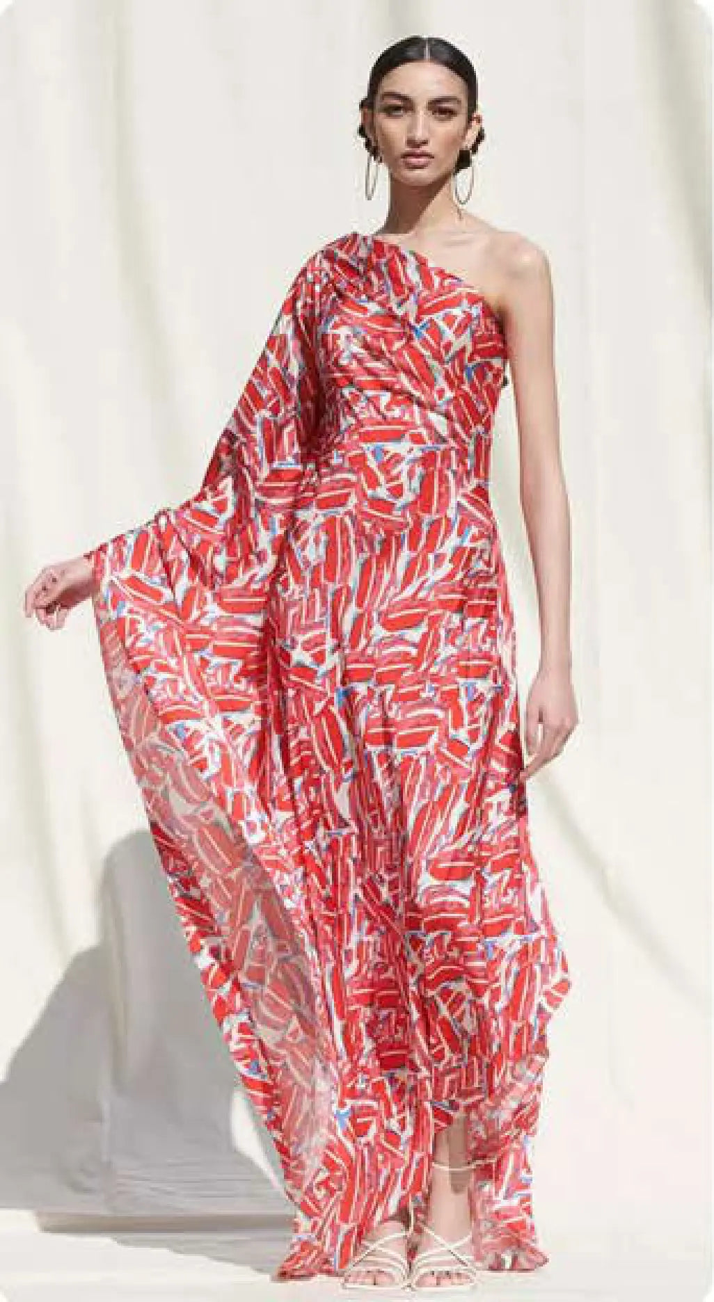 Abstract Printed One Shoulder Extended Sleeves Silk Satin Kaftan Maxi Dress - NextBuy